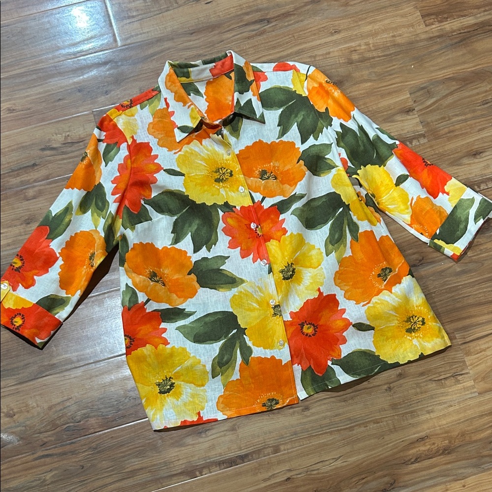 Linen Floral Lagenlook Watercolor Button Up Blouse Spring Summer Artsy Vibes